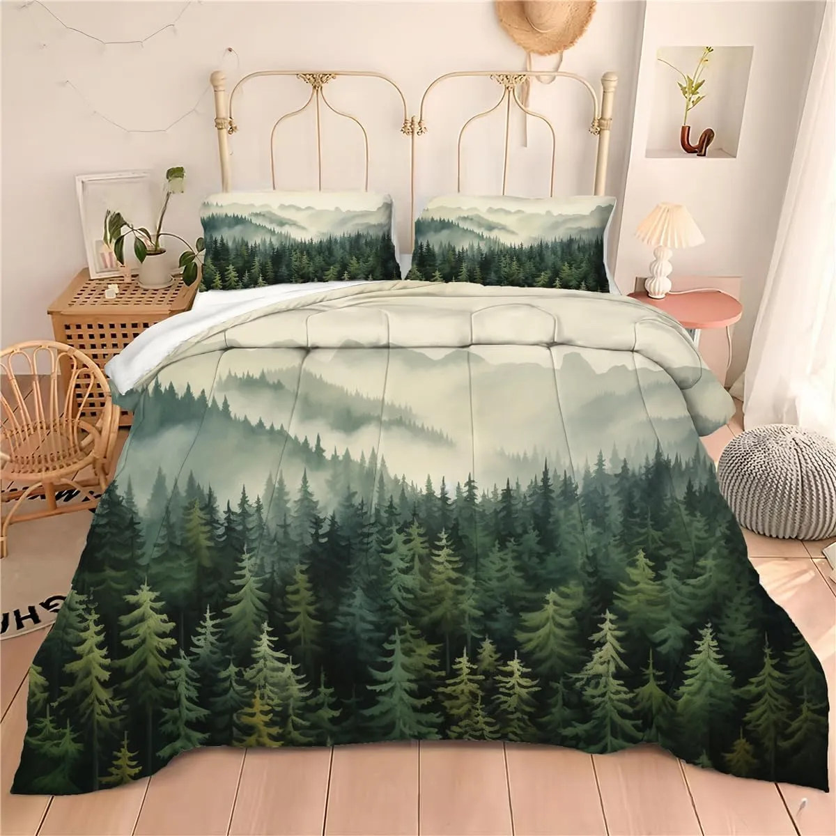 Black Misty Forest Gloomy Terrifying Bedding Set Queen, Foggy Primitive Smoky Forest Quilt, Queen Size with 1 Comforter   2 Pillowcases