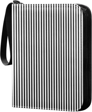 Black White Stripes Card Binder 4 Pocket Trading Card Album Fits 400 Sports/Game Cards, PU Cover 3 Ring Card Collection with 50 Removable Sleeves