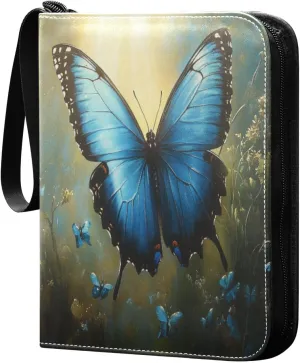 Blue Butterfly Vine Oil Painting Cards Binder 4 Pocket Fits 400 Cards with 50 Removable Sleevesves, Trading Card Collector Zipper Album Holder Portable Card Games Display Storage Cases