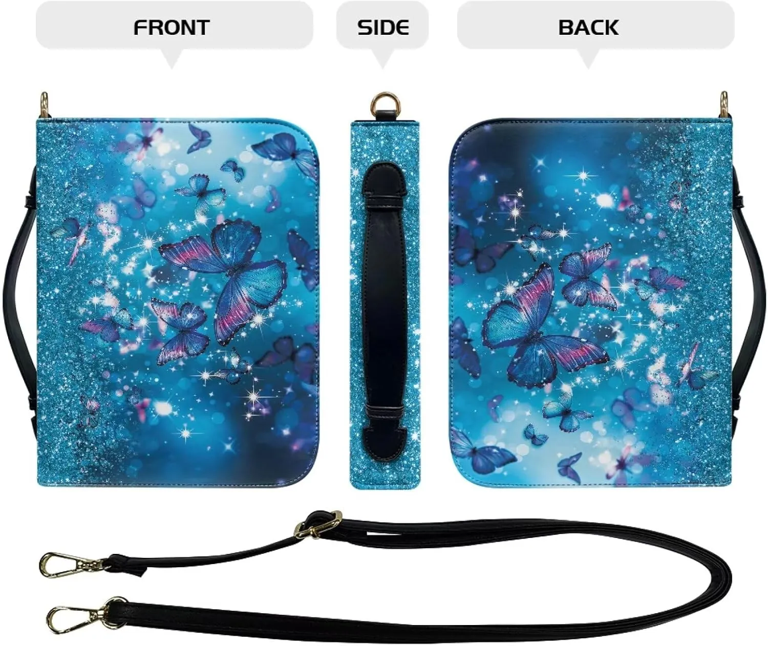 Blue Butterfly Womens Bible Cases Zippered Bible Cover Bag Multi-Purpose Bible Cover Case with Handle Church Bag Bible Carrying Tote Cases for Bible Study