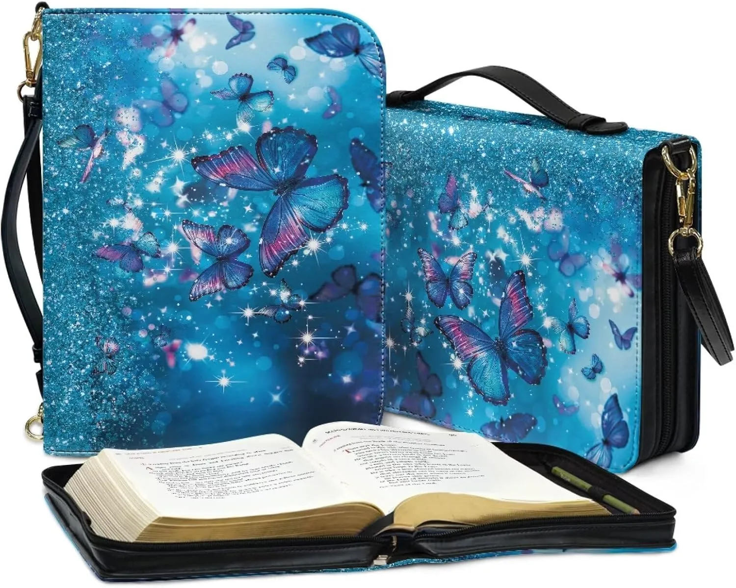 Blue Butterfly Womens Bible Cases Zippered Bible Cover Bag Multi-Purpose Bible Cover Case with Handle Church Bag Bible Carrying Tote Cases for Bible Study