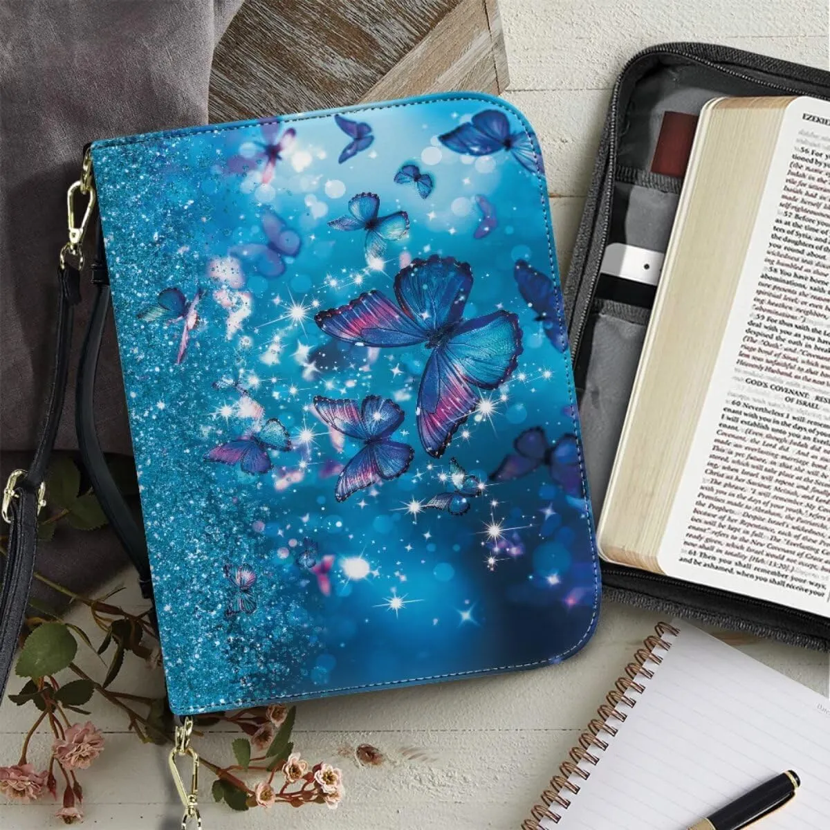 Blue Butterfly Womens Bible Cases Zippered Bible Cover Bag Multi-Purpose Bible Cover Case with Handle Church Bag Bible Carrying Tote Cases for Bible Study