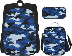Blue Camo Print Versatile Adjustable Shoulder Fashion Backpack Lunch Bag Pencil Case Large Capacity