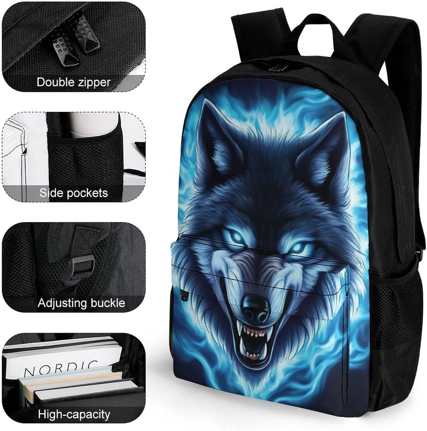 Blue Fire Flame Angry Wolf Rucksack Polyester Anti-Theft Multipurpose Bookbag Big Capacity Travel and Sport Backpack Rucksack With Side Pockets