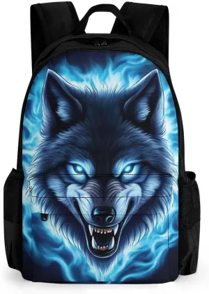 Blue Fire Flame Angry Wolf Rucksack Polyester Anti-Theft Multipurpose Bookbag Big Capacity Travel and Sport Backpack Rucksack With Side Pockets