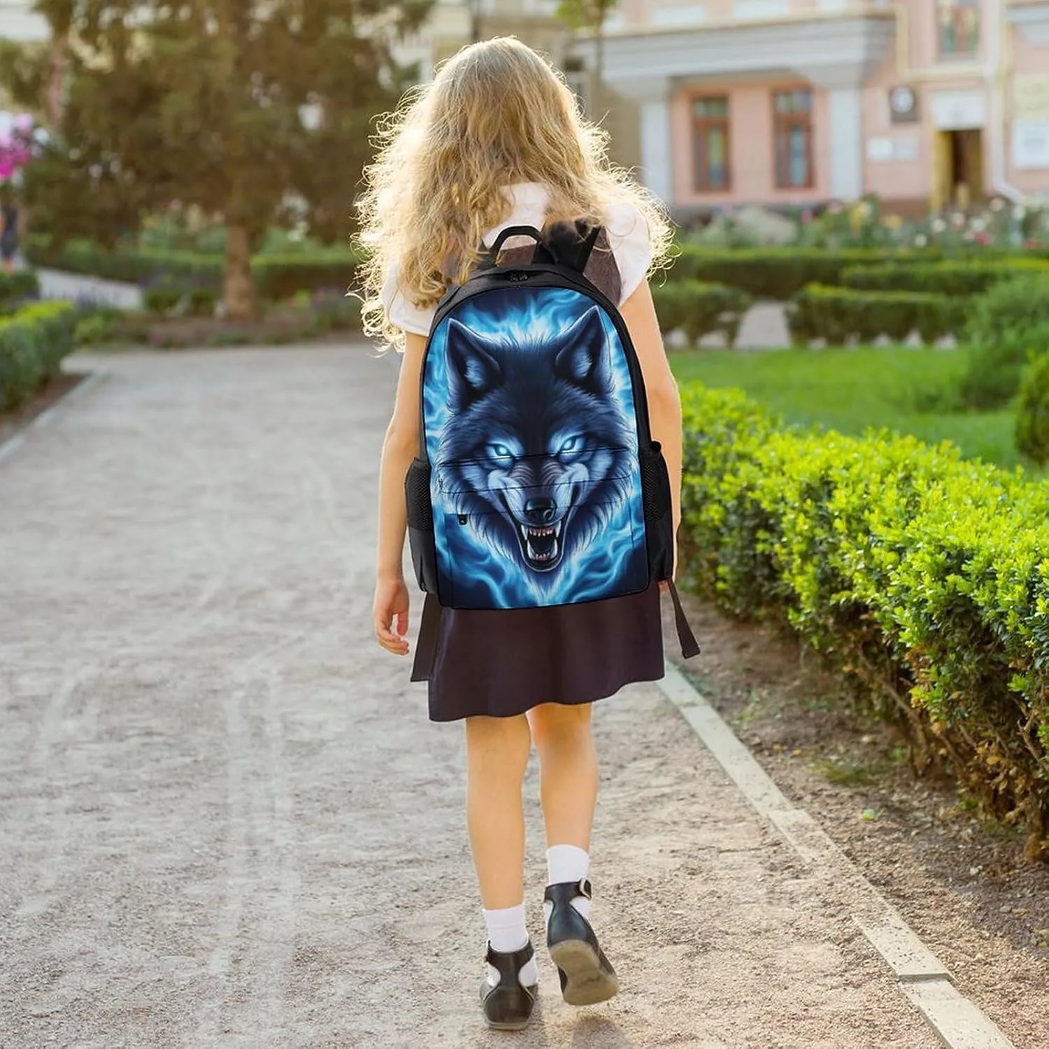 Blue Fire Flame Angry Wolf Rucksack Polyester Anti-Theft Multipurpose Bookbag Big Capacity Travel and Sport Backpack Rucksack With Side Pockets