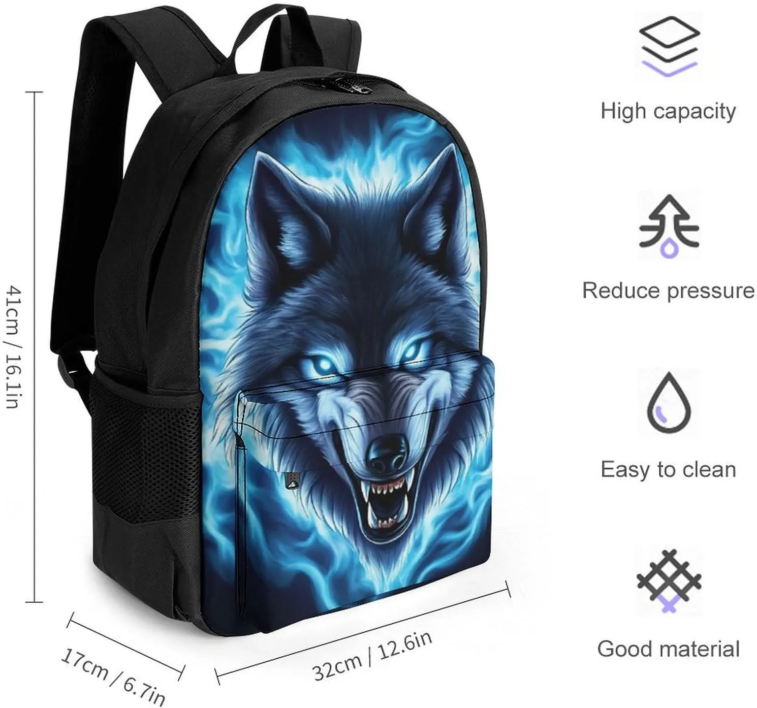 Blue Fire Flame Angry Wolf Rucksack Polyester Anti-Theft Multipurpose Bookbag Big Capacity Travel and Sport Backpack Rucksack With Side Pockets