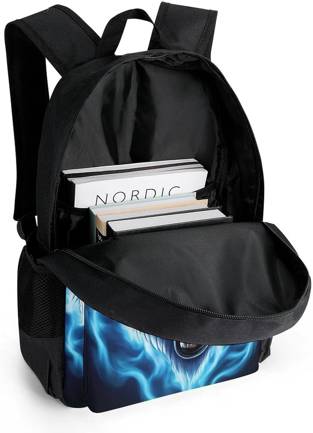 Blue Fire Flame Angry Wolf Rucksack Polyester Anti-Theft Multipurpose Bookbag Big Capacity Travel and Sport Backpack Rucksack With Side Pockets