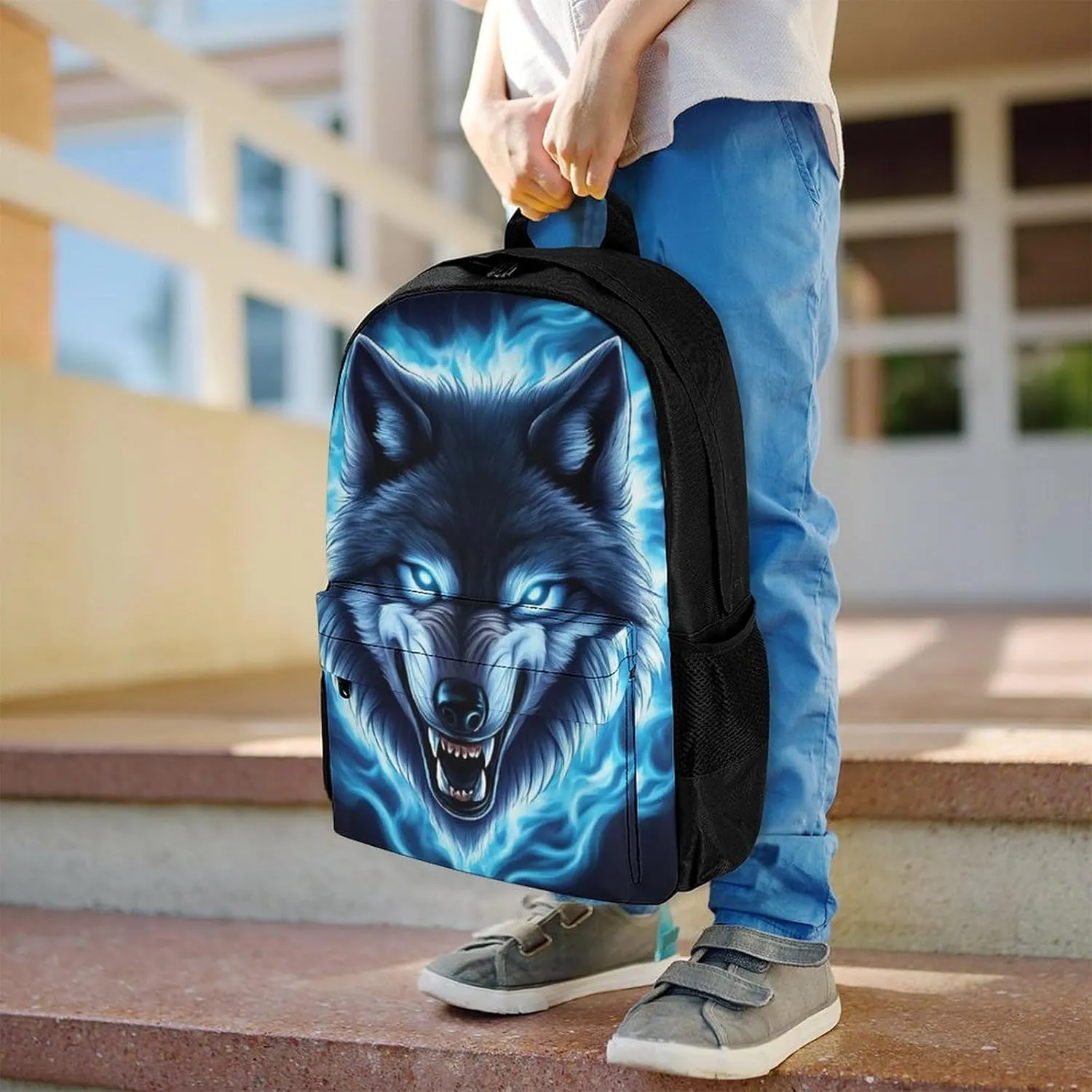 Blue Fire Flame Angry Wolf Rucksack Polyester Anti-Theft Multipurpose Bookbag Big Capacity Travel and Sport Backpack Rucksack With Side Pockets