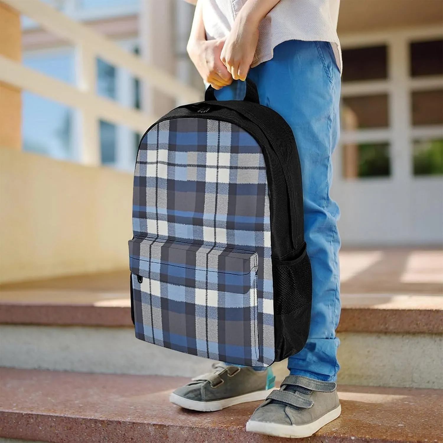 Blue Scottish Tartan Plaid Art Rucksacks Lightweight Multipurpose Anti-Theft Shoulder Bag Big Capacity Laptop Book Bag Rucksack With Padded Straps