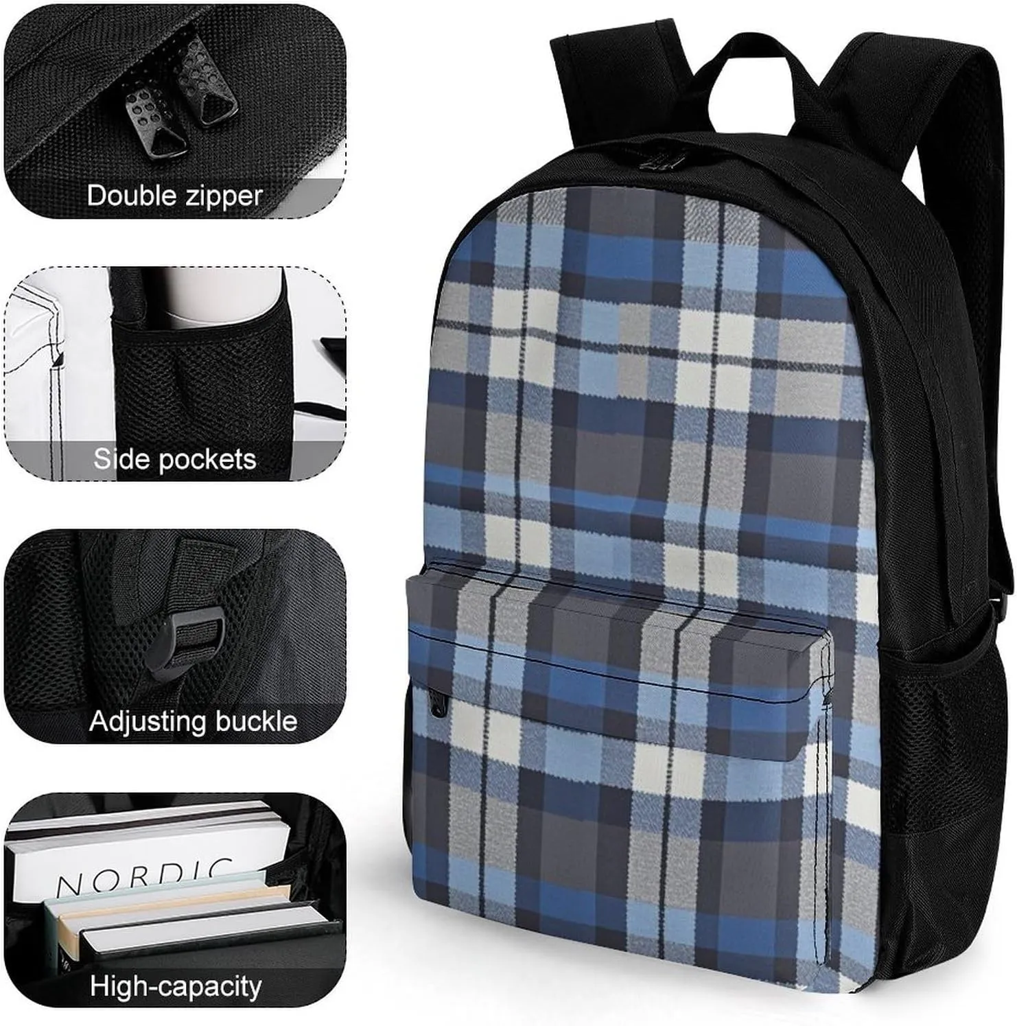 Blue Scottish Tartan Plaid Art Rucksacks Lightweight Multipurpose Anti-Theft Shoulder Bag Big Capacity Laptop Book Bag Rucksack With Padded Straps