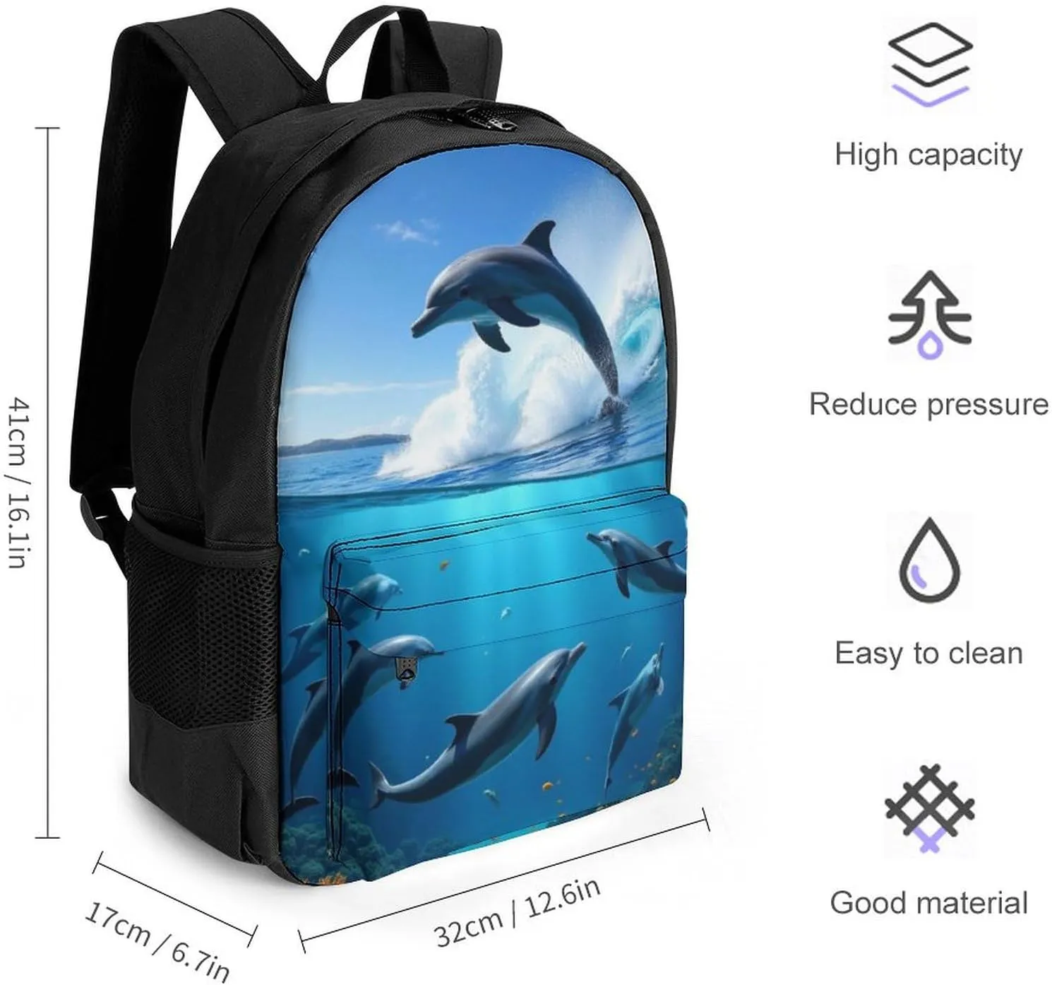 Blue Sea Great Ocean Wave Jumping Dolphin Rucksacks Lightweight Multipurpose Anti-Theft Shoulder Bag Big Capacity Traveling & Camping Backpack With Side Pockets