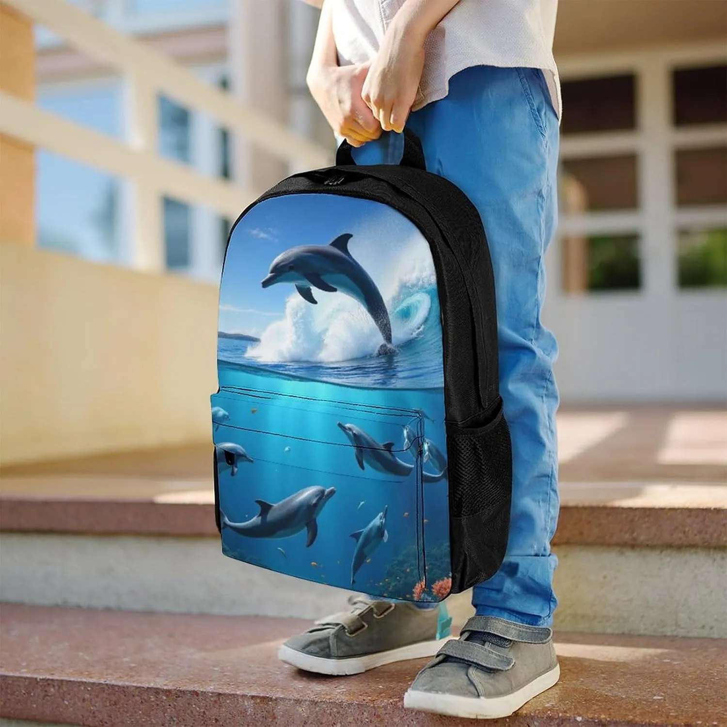 Blue Sea Great Ocean Wave Jumping Dolphin Rucksacks Lightweight Multipurpose Anti-Theft Shoulder Bag Big Capacity Traveling & Camping Backpack With Side Pockets