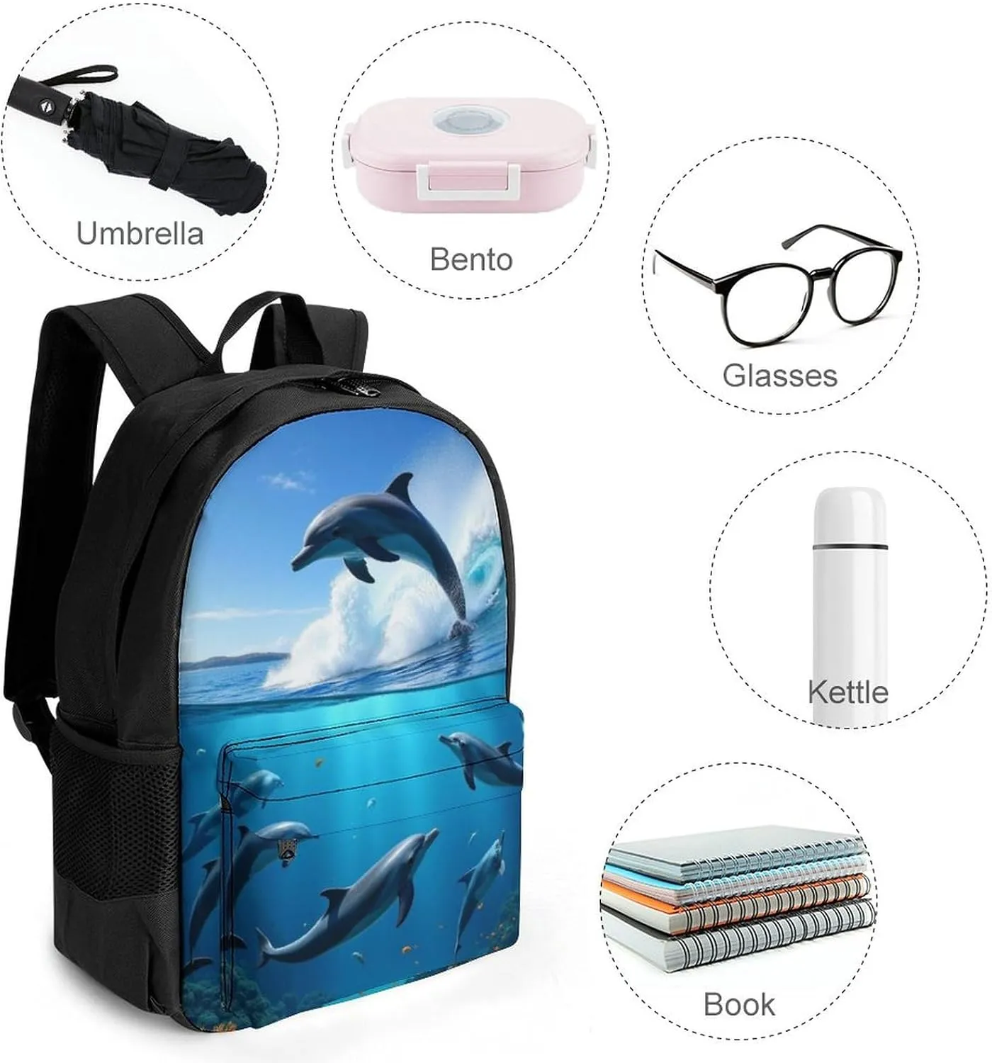 Blue Sea Great Ocean Wave Jumping Dolphin Rucksacks Lightweight Multipurpose Anti-Theft Shoulder Bag Big Capacity Traveling & Camping Backpack With Side Pockets