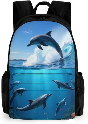 Blue Sea Great Ocean Wave Jumping Dolphin Rucksacks Lightweight Multipurpose Anti-Theft Shoulder Bag Big Capacity Traveling & Camping Backpack With Side Pockets