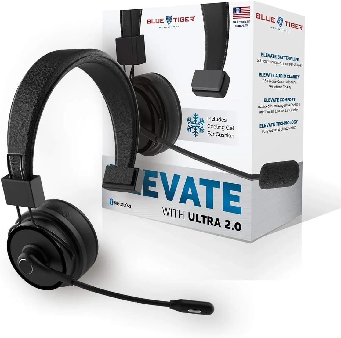 Blue Tiger Elite Ultra 2.0 Wireless Bluetooth Headset – One-Ear Piece Trucker Professional Headset - Bluetooth 5.2 with Microphone – 60 Hours Talk Time, 1200 Hours Standby