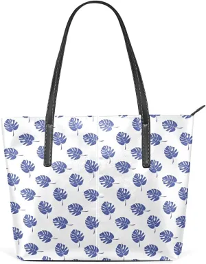 Blue Tropic Leaves Tote Bag for Women Leather Shoulder Handbag with Zipper and Pockets Fashion Casual Handle Bag Purse for Travel Beach Working Laptop School Gym Shopping
