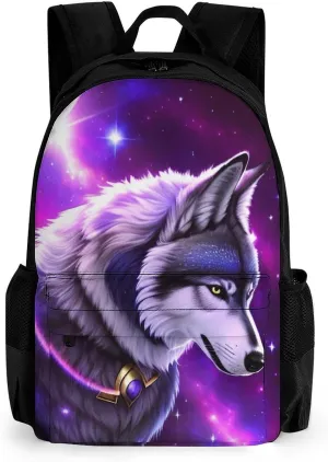 Blue Universe Galaxy Magic Wolf In The Space Art Daypack Backpack Polyester Multipurpose Anti-Theft Shoulder Bag Big Capacity Gym Outdoor Hiking Backpack With Smooth Zippers