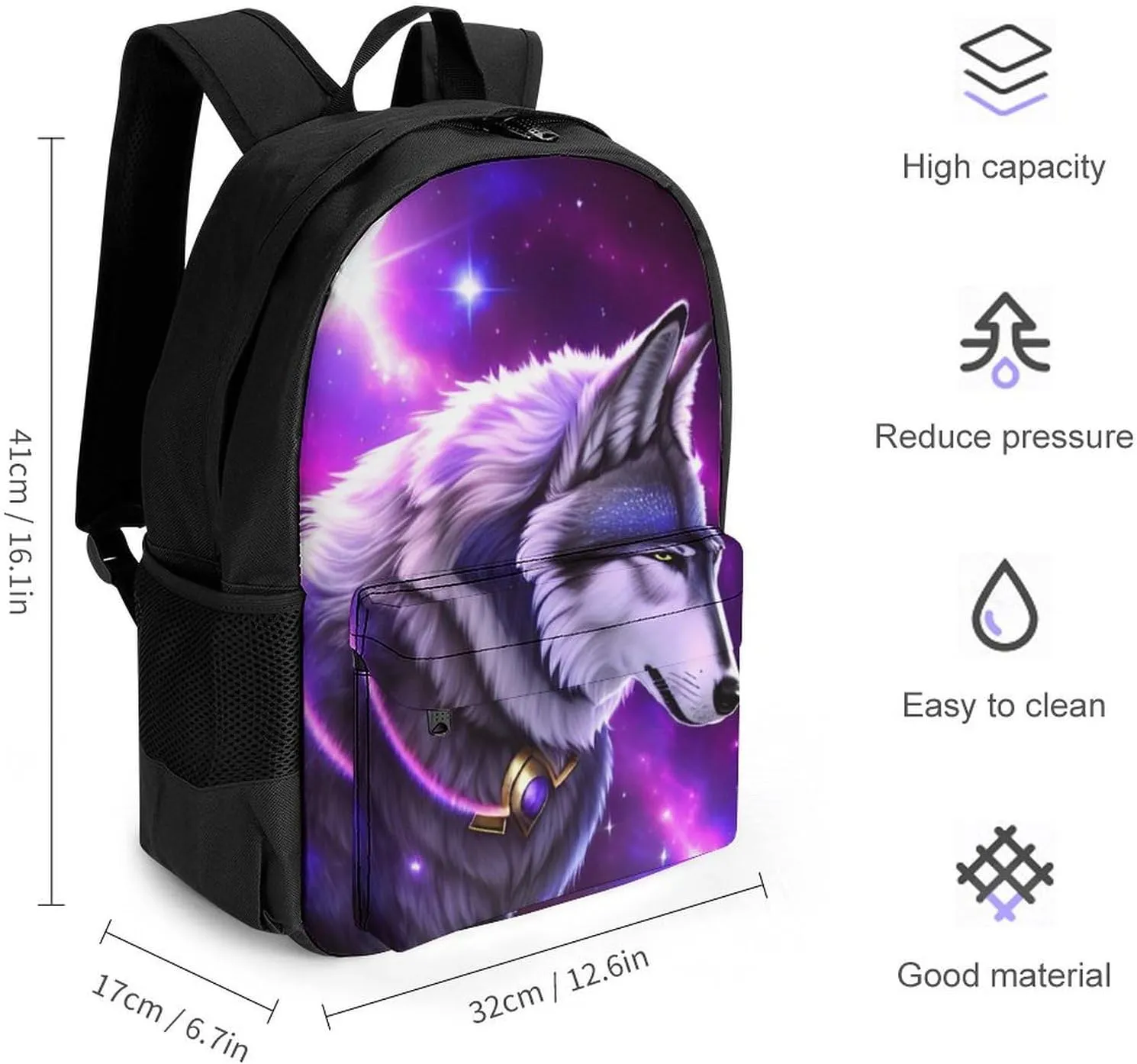 Blue Universe Galaxy Magic Wolf In The Space Art Daypack Backpack Polyester Multipurpose Anti-Theft Shoulder Bag Big Capacity Gym Outdoor Hiking Backpack With Smooth Zippers