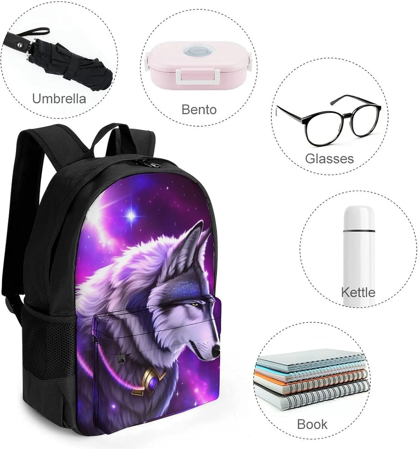 Blue Universe Galaxy Magic Wolf In The Space Art Daypack Backpack Polyester Multipurpose Anti-Theft Shoulder Bag Big Capacity Gym Outdoor Hiking Backpack With Smooth Zippers
