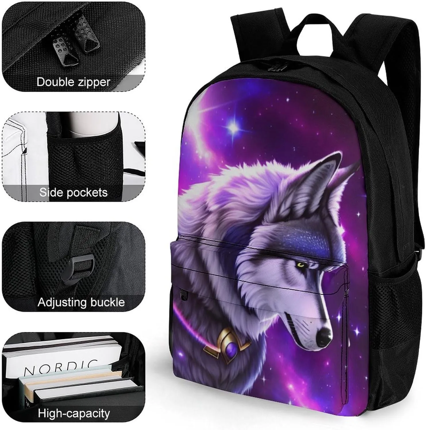 Blue Universe Galaxy Magic Wolf In The Space Art Daypack Backpack Polyester Multipurpose Anti-Theft Shoulder Bag Big Capacity Gym Outdoor Hiking Backpack With Smooth Zippers