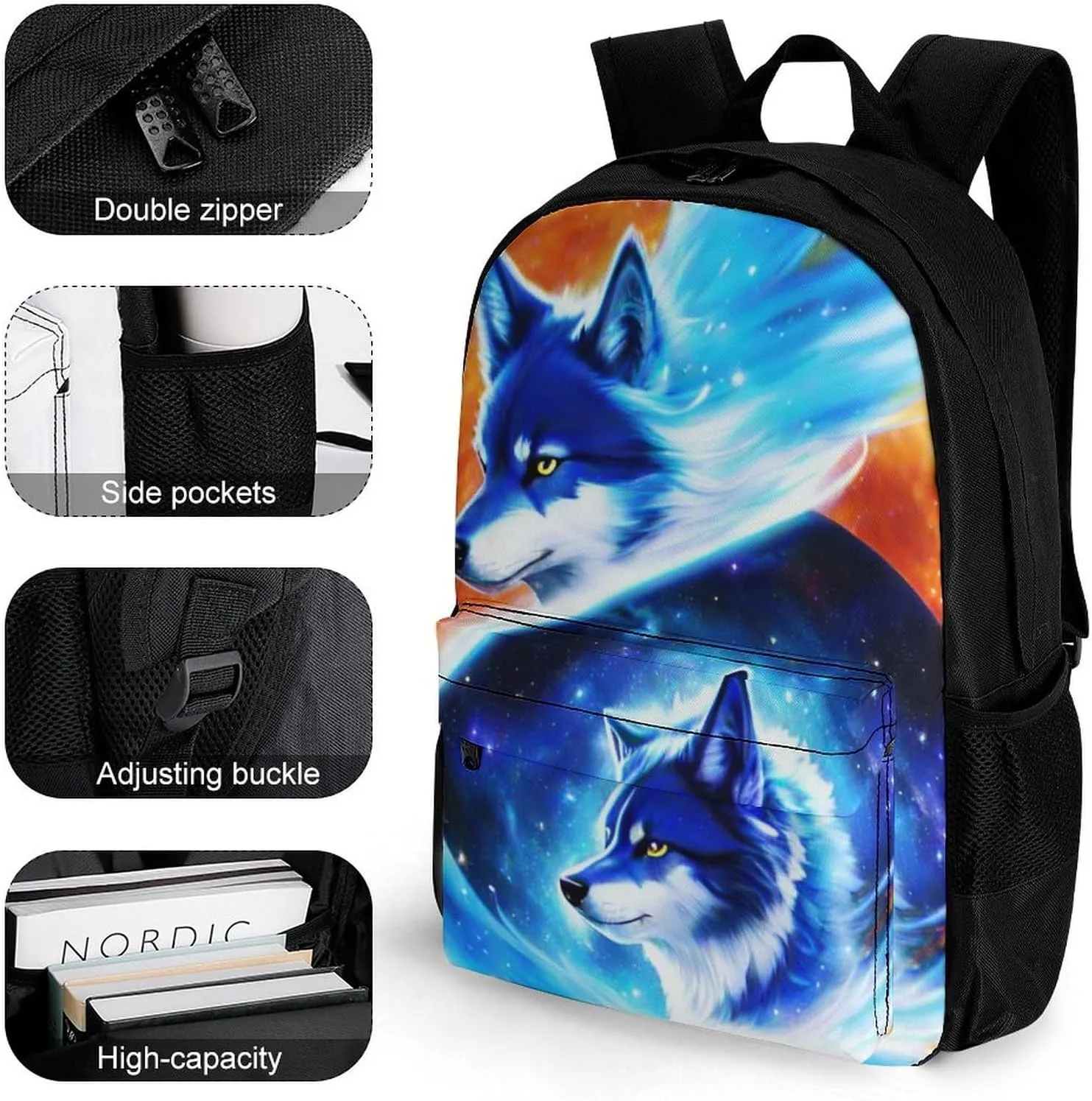 Blue Universe Galaxy Magic Wolf In The Space Art Daypack Lightweight Multipurpose Anti-Theft Shoulder Bag Large Capacity Laptop Book Bag Rucksack With Adjustable Shoulder Straps