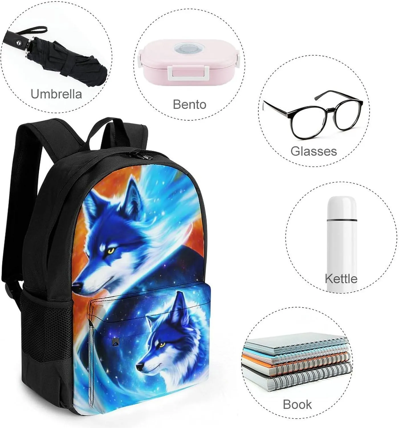 Blue Universe Galaxy Magic Wolf In The Space Art Daypack Lightweight Multipurpose Anti-Theft Shoulder Bag Large Capacity Laptop Book Bag Rucksack With Adjustable Shoulder Straps