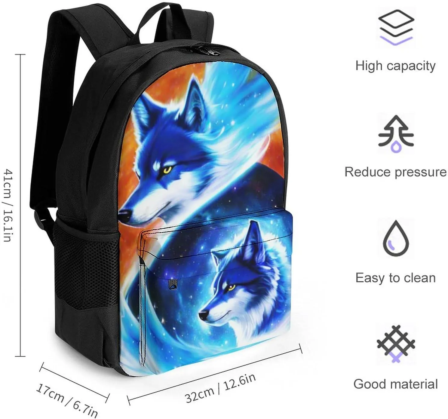 Blue Universe Galaxy Magic Wolf In The Space Art Daypack Lightweight Multipurpose Anti-Theft Shoulder Bag Large Capacity Laptop Book Bag Rucksack With Adjustable Shoulder Straps