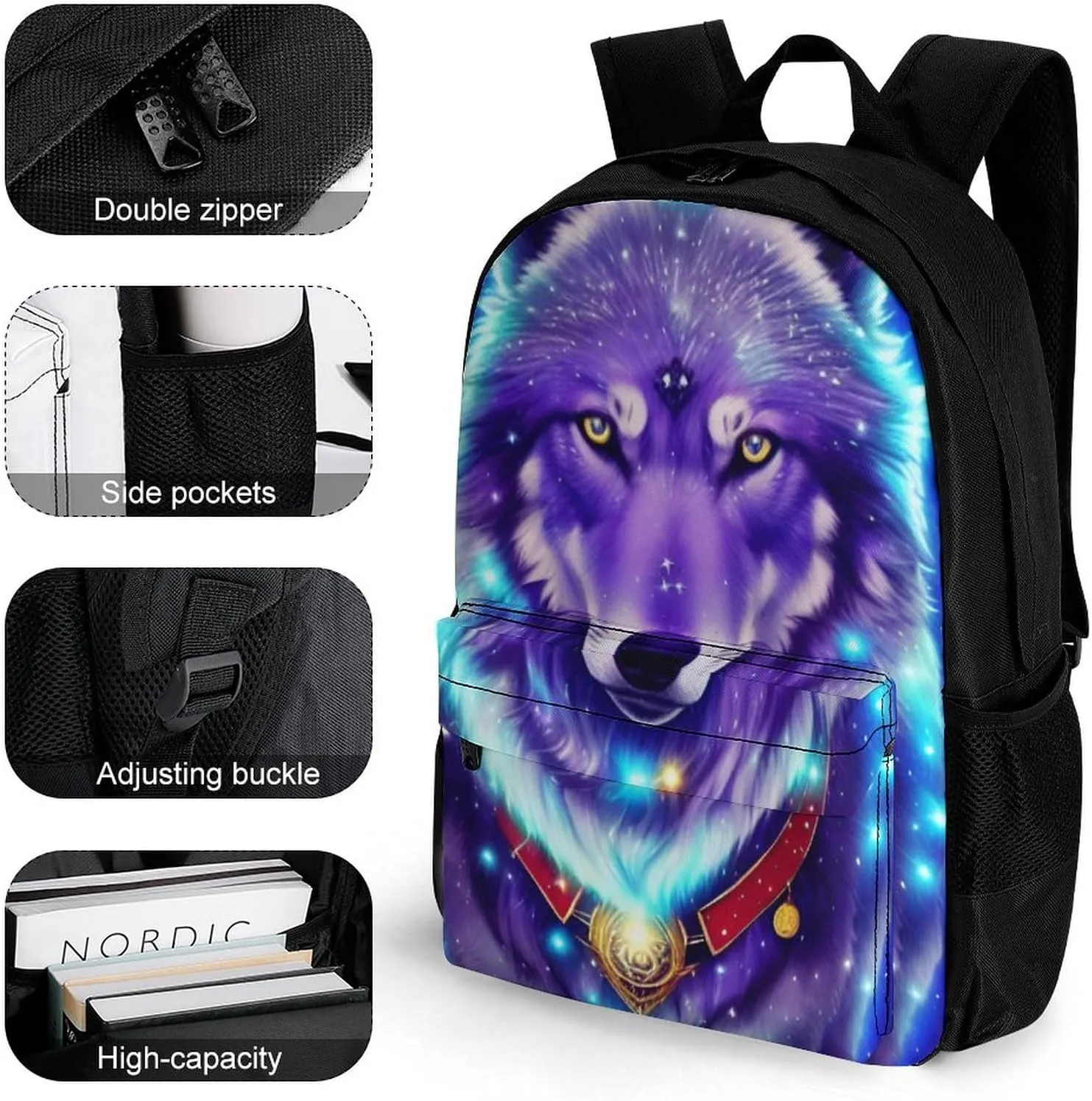 Blue Universe Galaxy Magic Wolf In The Space Art Rucksacks Lightweight Multipurpose Anti-Theft Shoulder Bag Big Capacity Laptop Book Bag Rucksack With Padded Straps