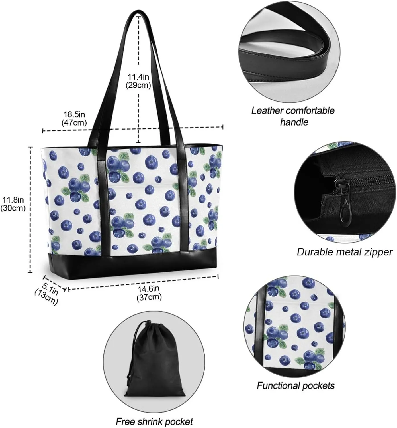 Blueberry Fruit Laptop Tote Bag for Women - Canvas Teacher Work Travel Bag with Zipper