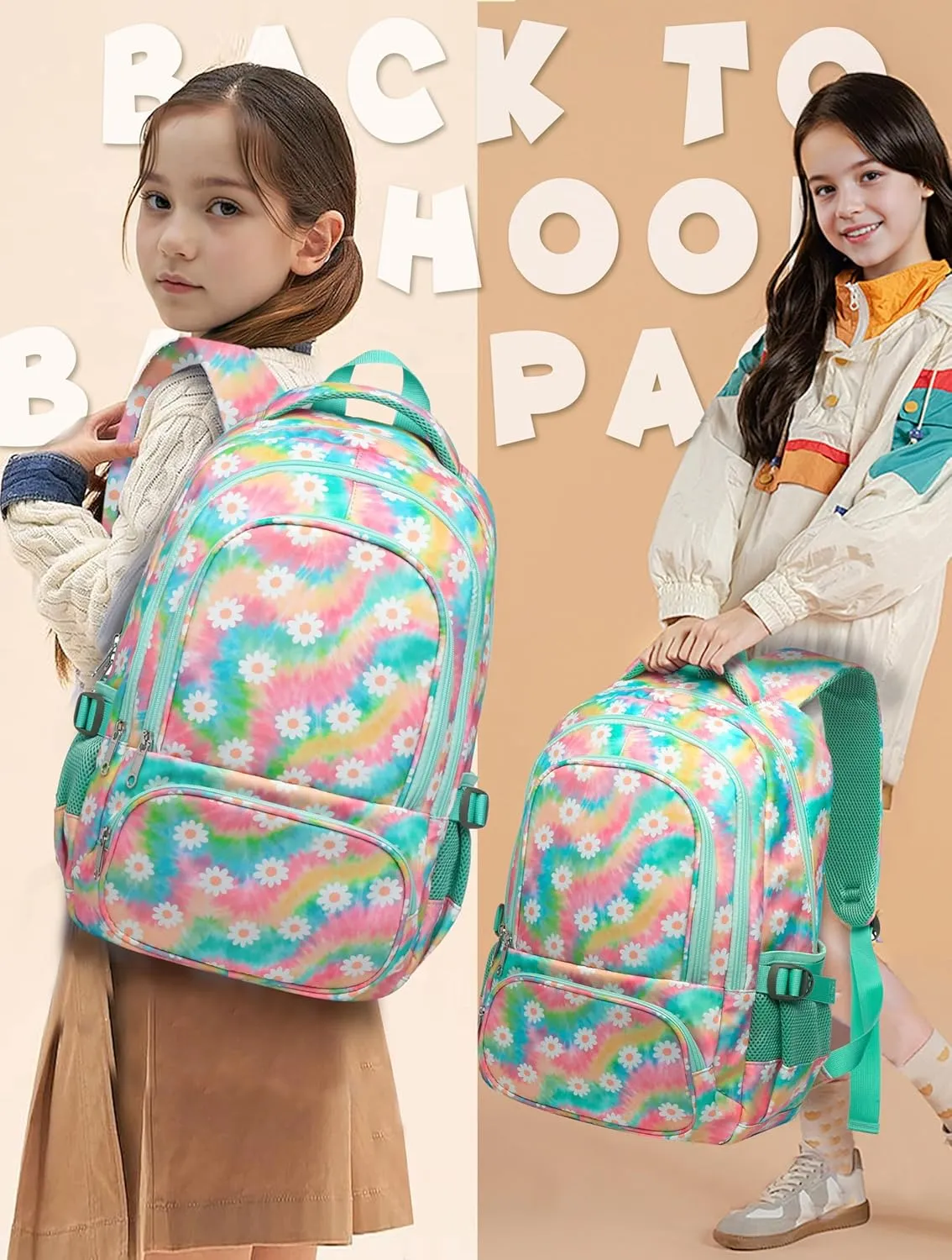 BLUEFAIRY Kids Backpack for Girls Elementary Middle School Bag Bookbag for Teens Teenager Back to School Gifts17 Inch Mochilas Escolares para Niñas Aged 8-10 Tie-dye Rainbow Daisy Flower Green