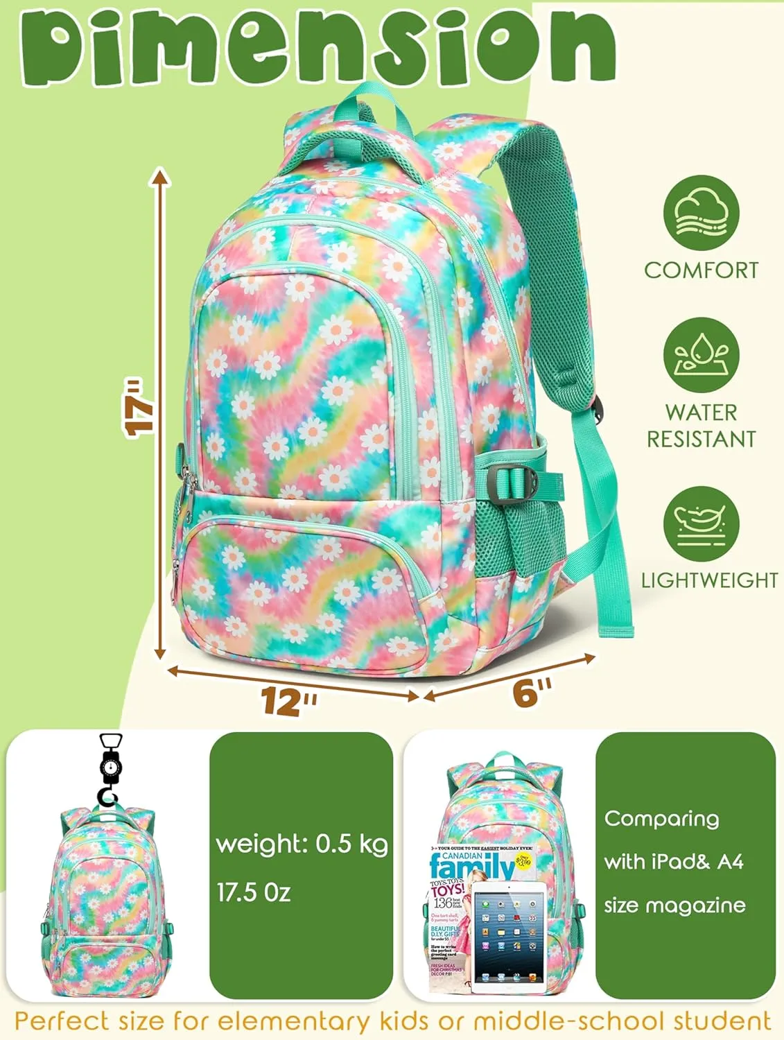 BLUEFAIRY Kids Backpack for Girls Elementary Middle School Bag Bookbag for Teens Teenager Back to School Gifts17 Inch Mochilas Escolares para Niñas Aged 8-10 Tie-dye Rainbow Daisy Flower Green