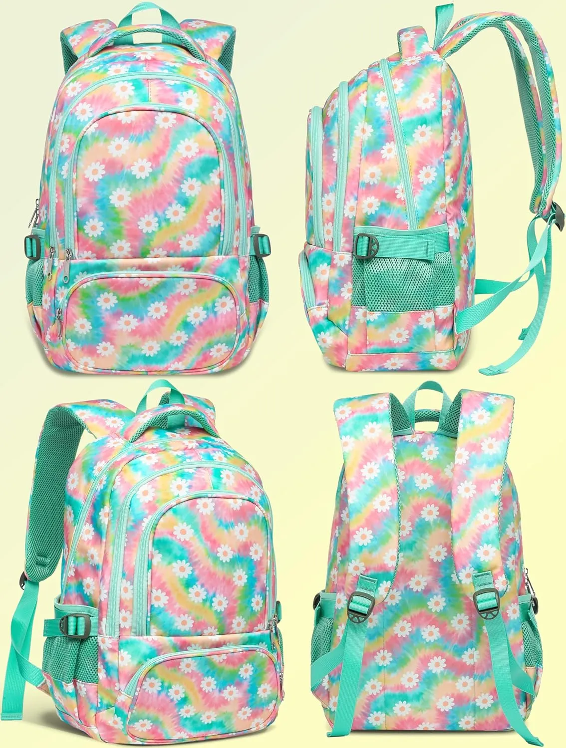 BLUEFAIRY Kids Backpack for Girls Elementary Middle School Bag Bookbag for Teens Teenager Back to School Gifts17 Inch Mochilas Escolares para Niñas Aged 8-10 Tie-dye Rainbow Daisy Flower Green