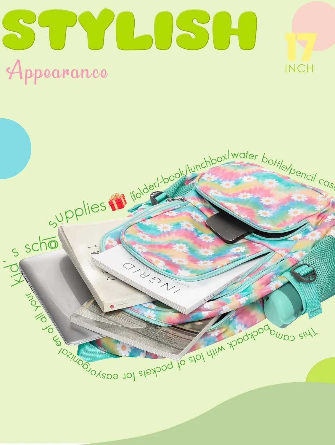 BLUEFAIRY Kids Backpack for Girls Elementary Middle School Bag Bookbag for Teens Teenager Back to School Gifts17 Inch Mochilas Escolares para Niñas Aged 8-10 Tie-dye Rainbow Daisy Flower Green