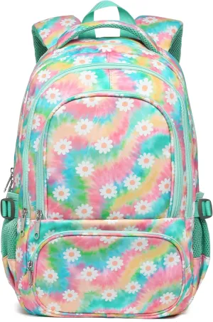 BLUEFAIRY Kids Backpack for Girls Elementary Middle School Bag Bookbag for Teens Teenager Back to School Gifts17 Inch Mochilas Escolares para Niñas Aged 8-10 Tie-dye Rainbow Daisy Flower Green