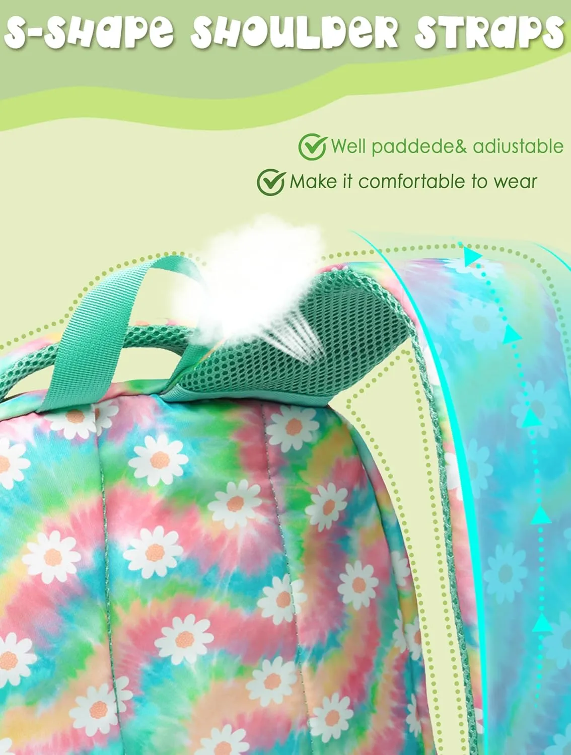 BLUEFAIRY Kids Backpack for Girls Elementary Middle School Bag Bookbag for Teens Teenager Back to School Gifts17 Inch Mochilas Escolares para Niñas Aged 8-10 Tie-dye Rainbow Daisy Flower Green
