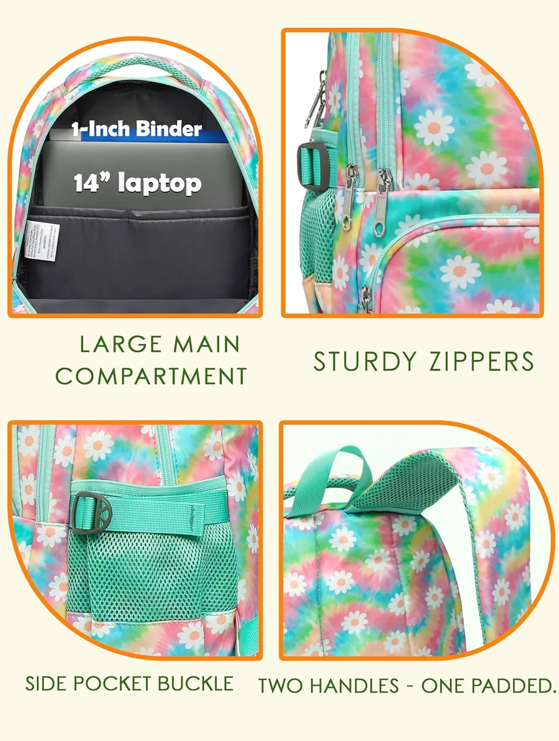 BLUEFAIRY Kids Backpack for Girls Elementary Middle School Bag Bookbag for Teens Teenager Back to School Gifts17 Inch Mochilas Escolares para Niñas Aged 8-10 Tie-dye Rainbow Daisy Flower Green