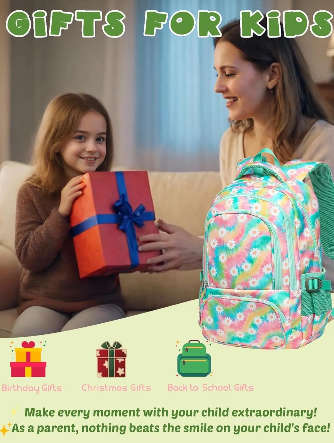 BLUEFAIRY Kids Backpack for Girls Elementary Middle School Bag Bookbag for Teens Teenager Back to School Gifts17 Inch Mochilas Escolares para Niñas Aged 8-10 Tie-dye Rainbow Daisy Flower Green