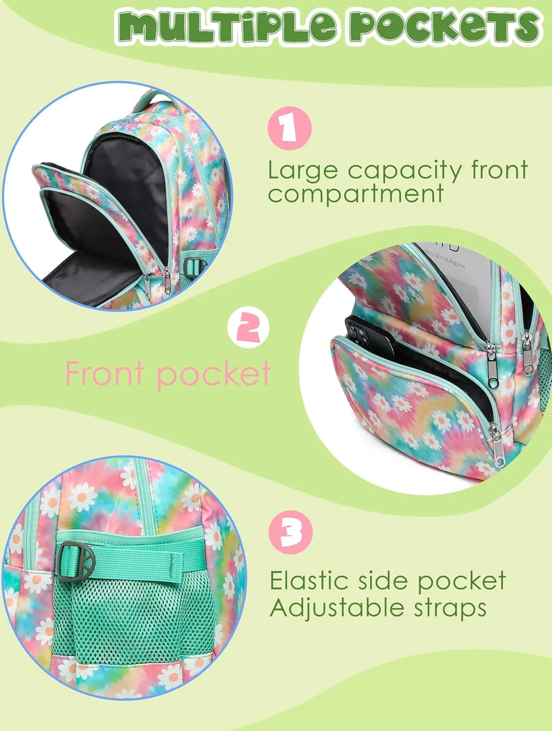 BLUEFAIRY Kids Backpack for Girls Elementary Middle School Bag Bookbag for Teens Teenager Back to School Gifts17 Inch Mochilas Escolares para Niñas Aged 8-10 Tie-dye Rainbow Daisy Flower Green