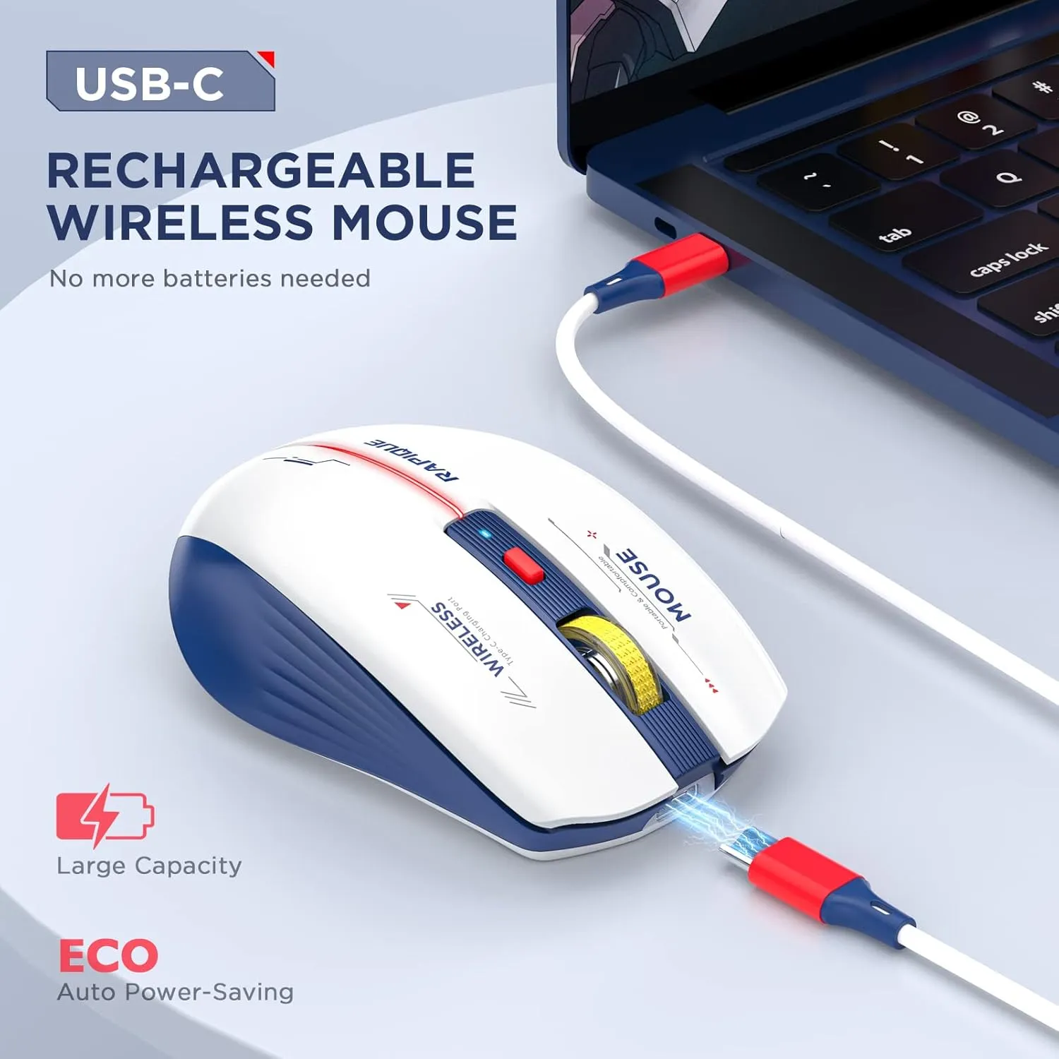 Bluetooth Wireless Mouse - (BT1/BT2 USB) Tri-Mode High Performance, Rechargeable, Multi-Device Compatible with PC/Laptop/Computer/MacBook/iPad Air Pro (Blue and White)