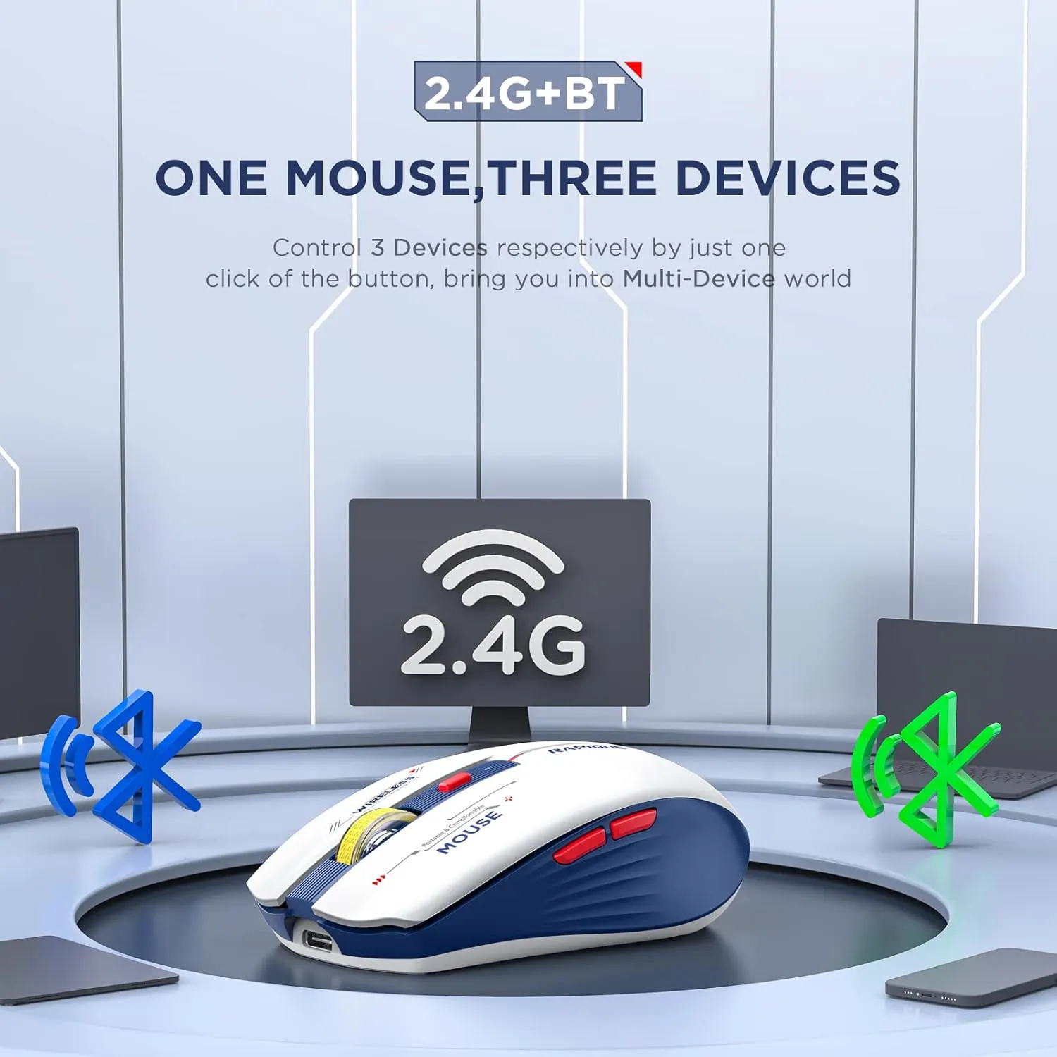 Bluetooth Wireless Mouse - (BT1/BT2 USB) Tri-Mode High Performance, Rechargeable, Multi-Device Compatible with PC/Laptop/Computer/MacBook/iPad Air Pro (Blue and White)