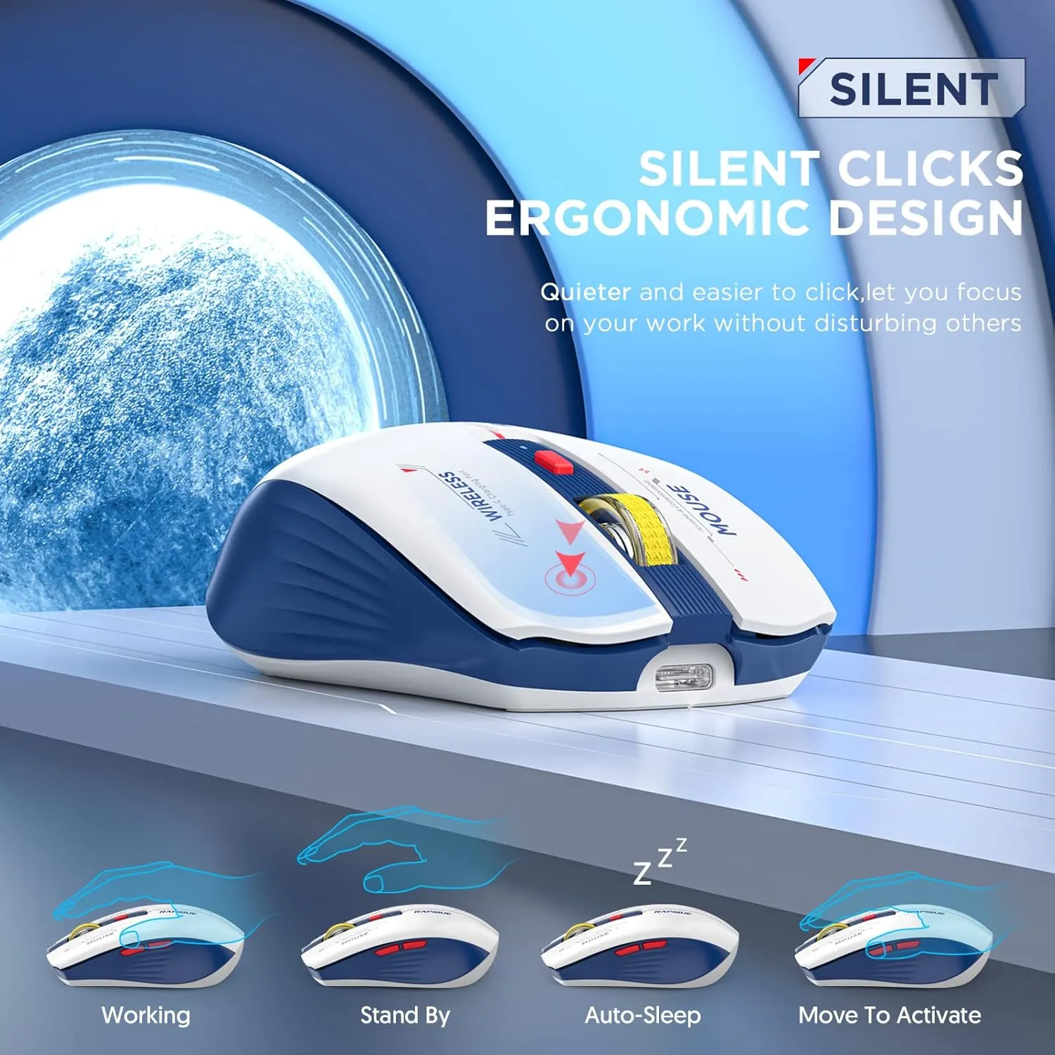 Bluetooth Wireless Mouse - (BT1/BT2 USB) Tri-Mode High Performance, Rechargeable, Multi-Device Compatible with PC/Laptop/Computer/MacBook/iPad Air Pro (Blue and White)