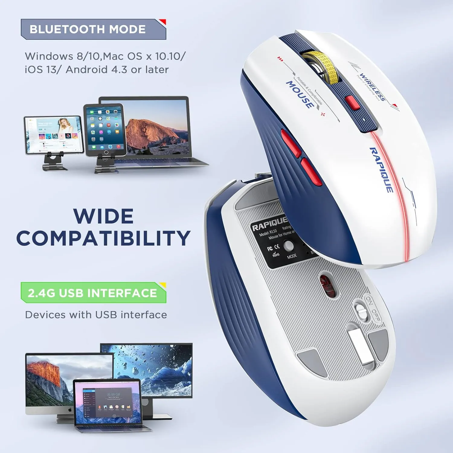 Bluetooth Wireless Mouse - (BT1/BT2 USB) Tri-Mode High Performance, Rechargeable, Multi-Device Compatible with PC/Laptop/Computer/MacBook/iPad Air Pro (Blue and White)