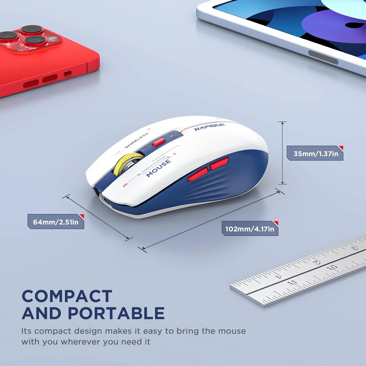 Bluetooth Wireless Mouse - (BT1/BT2 USB) Tri-Mode High Performance, Rechargeable, Multi-Device Compatible with PC/Laptop/Computer/MacBook/iPad Air Pro (Blue and White)