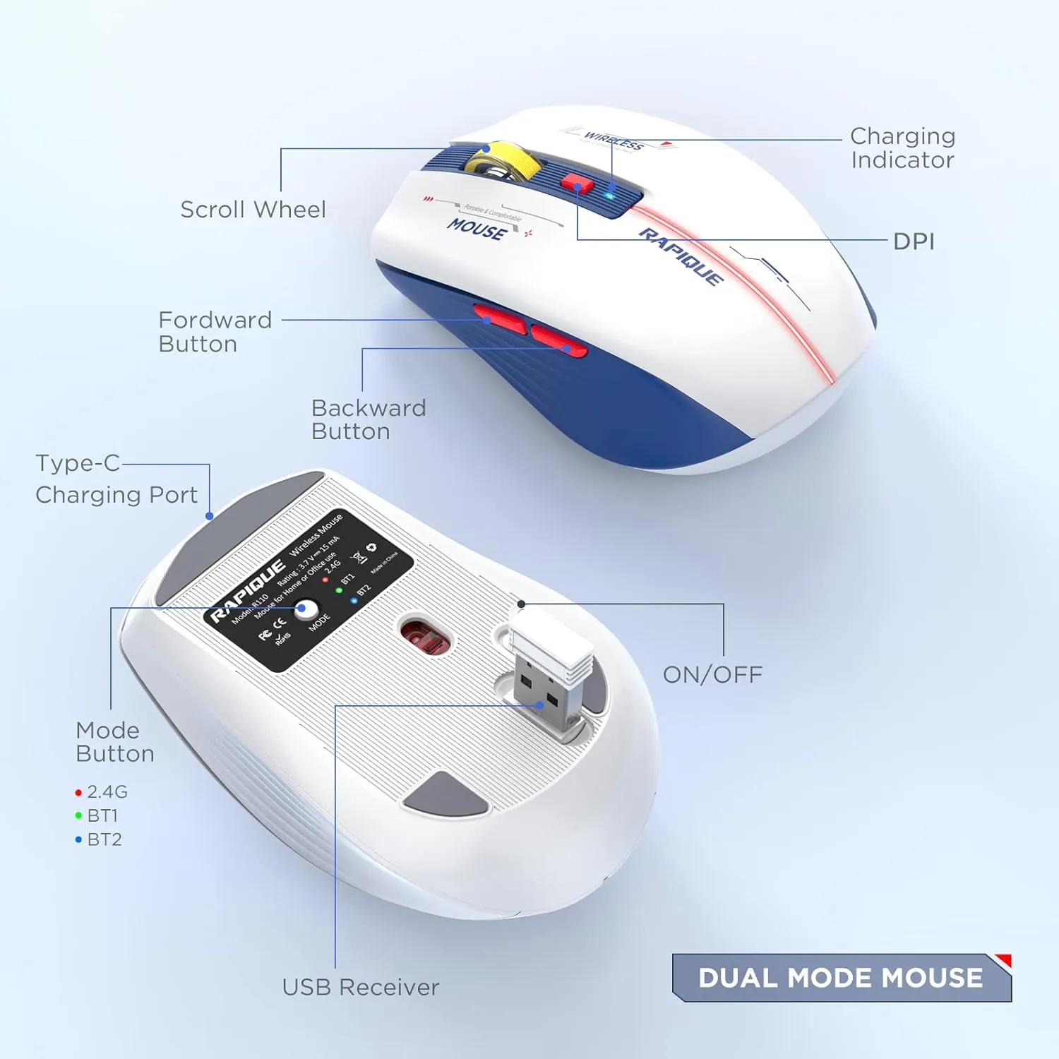 Bluetooth Wireless Mouse - (BT1/BT2 USB) Tri-Mode High Performance, Rechargeable, Multi-Device Compatible with PC/Laptop/Computer/MacBook/iPad Air Pro (Blue and White)
