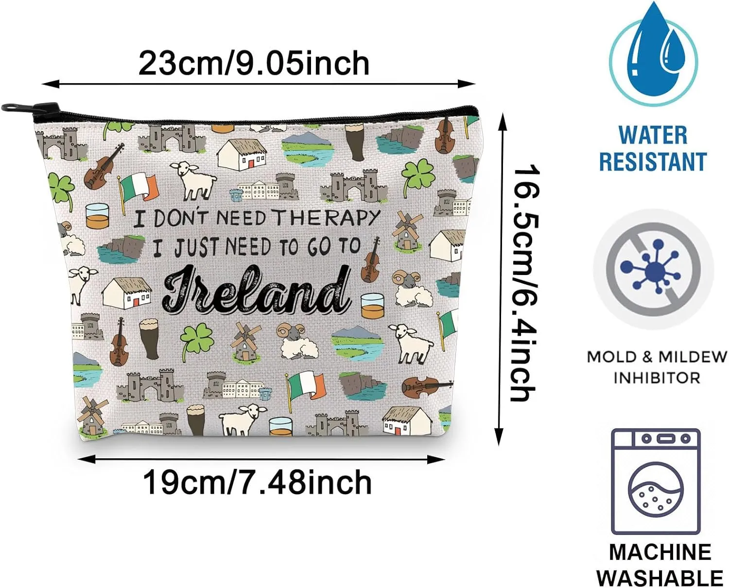 BLUPARK Ireland Cosmetic Bag Ireland Landmarks Gift Ireland Travel Zipper Bag Patricks Day Gift I Don't Need Therapy I Just Need To Go To Ireland Bag (CB, Ireland Bag)