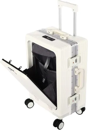 Boarding Suitcase, 20" Wheeled Pull Rod Luggage w/ Password Lock, Travel Suitcase w/ Front Compartment, 14"-15" Laptop Case w/ USB Interface, Multi-functional Boarding Case, 14.17*9.45*22.05in White