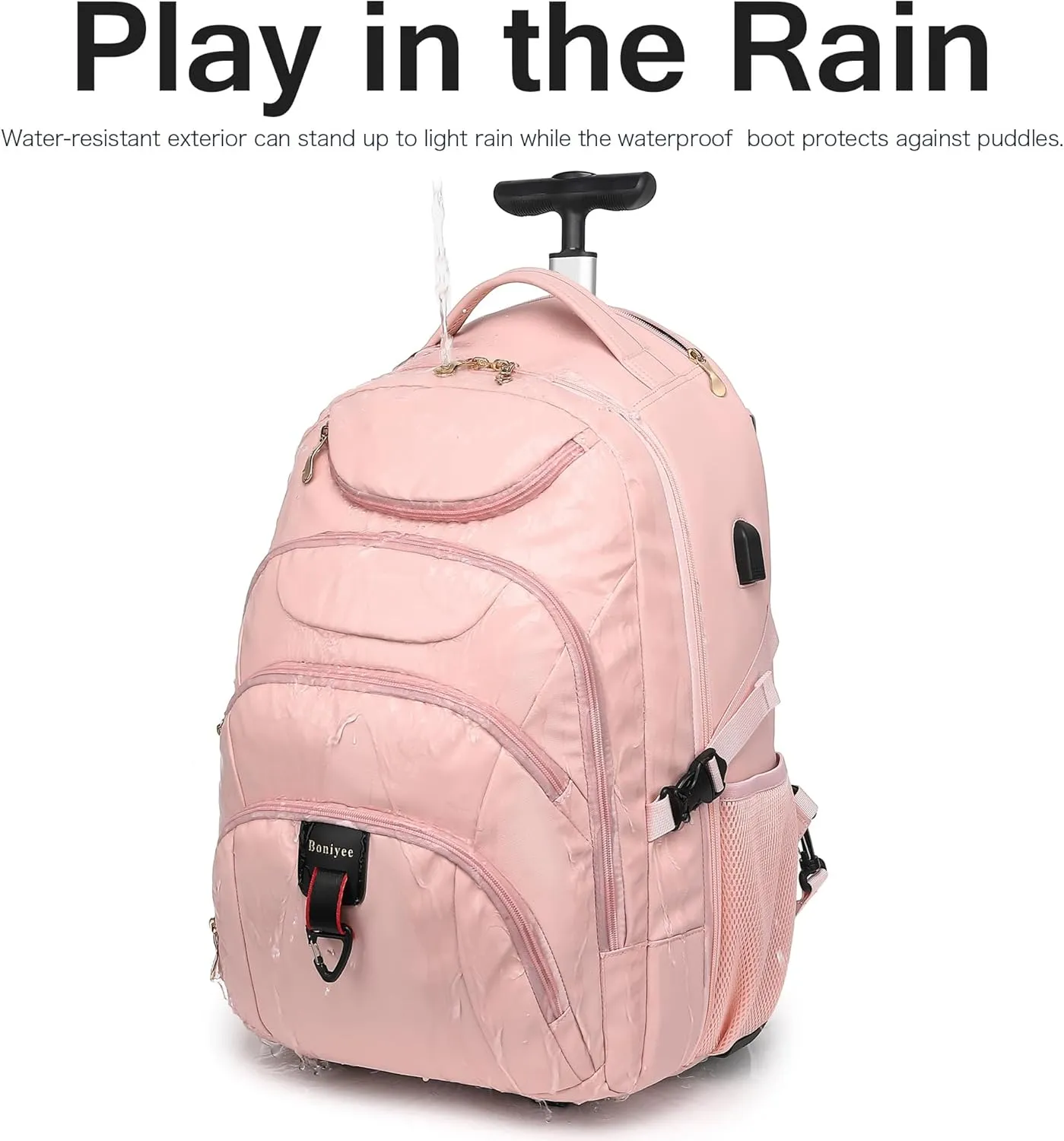 Boavan Rolling Backpack for Women, 17.3 Inch Wheeled Laptop Backpack,Large Travel Carry-On Bag for Teachers College Students, USB Charging Port Waterproof Business for Airplane Overnight Luggage，Pink