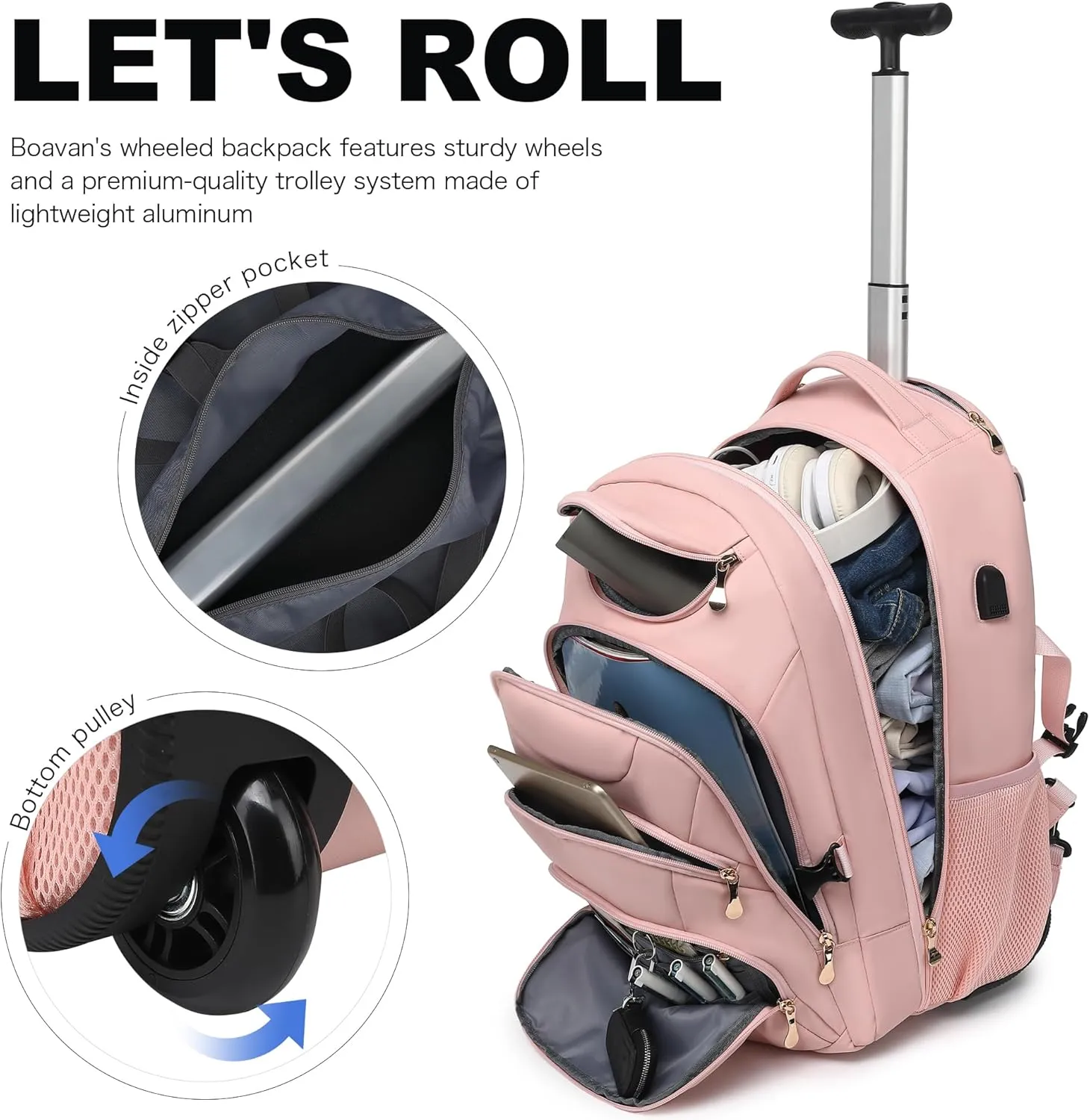 Boavan Rolling Backpack for Women, 17.3 Inch Wheeled Laptop Backpack,Large Travel Carry-On Bag for Teachers College Students, USB Charging Port Waterproof Business for Airplane Overnight Luggage，Pink