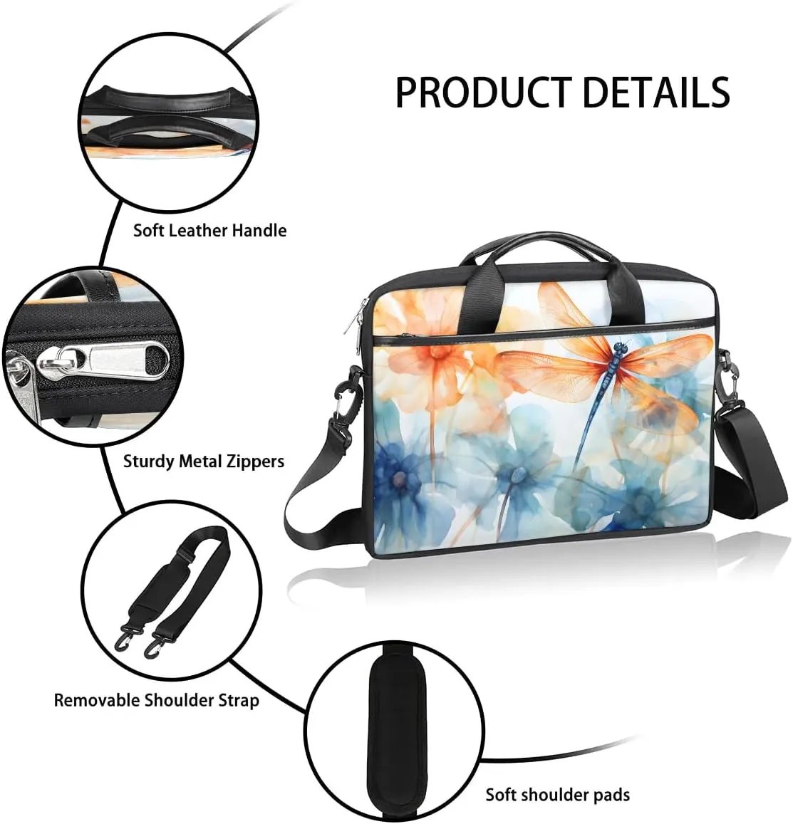 Boho Dragonflies Flowers 15 Inch Laptop Bag Laptop Shoulder Bag Computer Cases for Laptops or Tablets